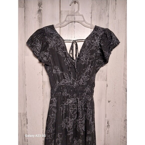 Gap Women’s Size Small Black & Silver Smocked Flutter Sleeve Midi Dress - Picture 6 of 9